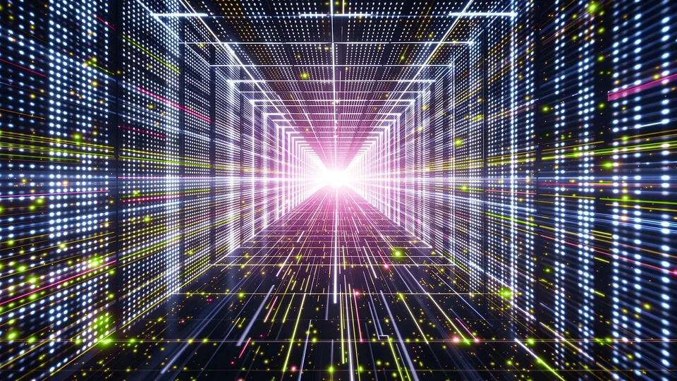 Abstract visualization of illuminated data-center server racks forming a tunnel.