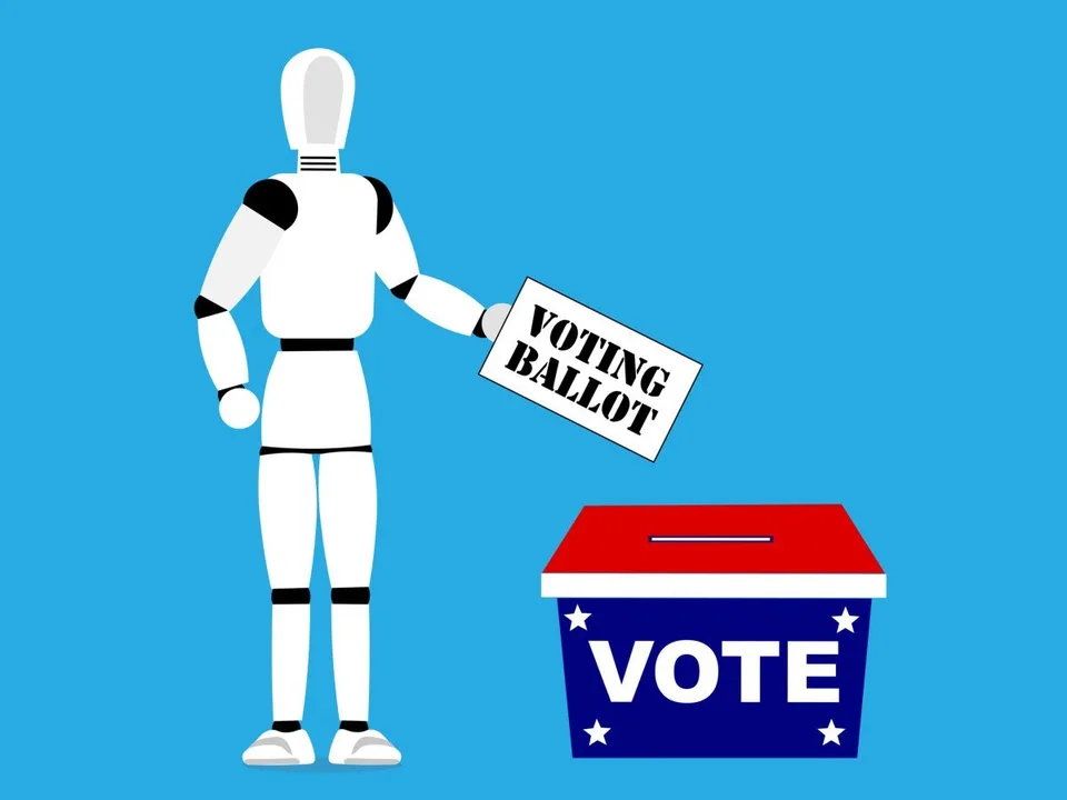 Illustration of a humanoid robot holding a voting ballot beside a ballot box.