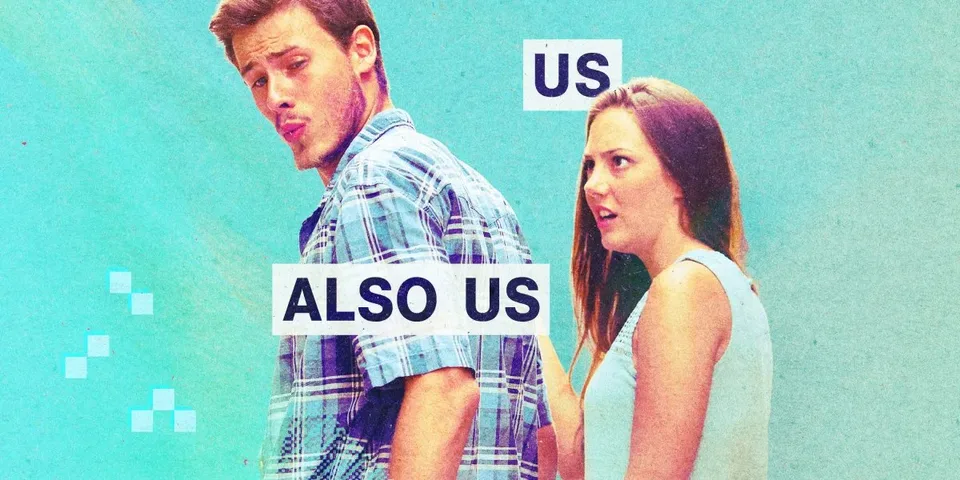 Illustration of a man looking away from a woman, with labels reading “US” and “ALSO US.”