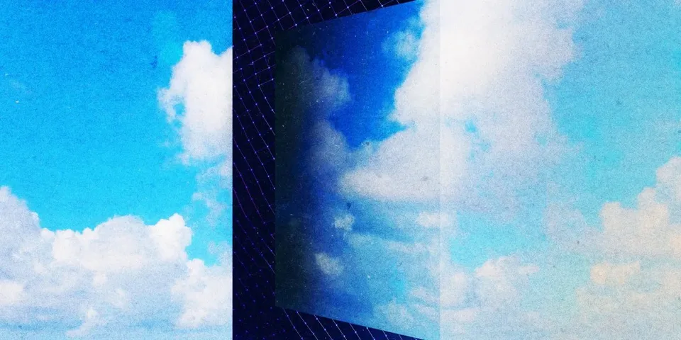 Abstract collage combining sky, a digital display, colored graphic lines, and archival-looking imagery.