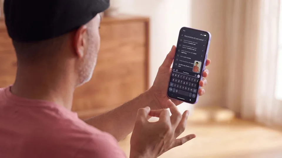 Person holding a smartphone displaying a text-based interface.
