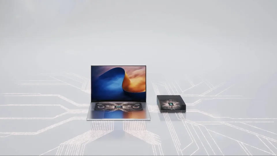 NVIDIA RTX Spark system, shown as a compact device beside a laptop on a circuit-pattern background.