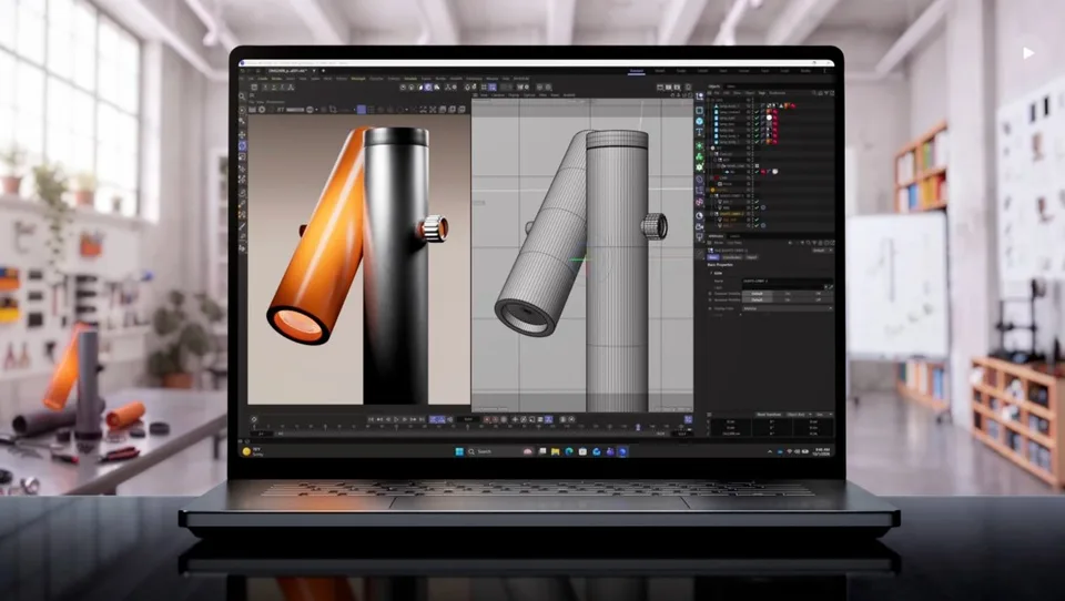 Laptop displaying a 3D design application beside a rendered component.
