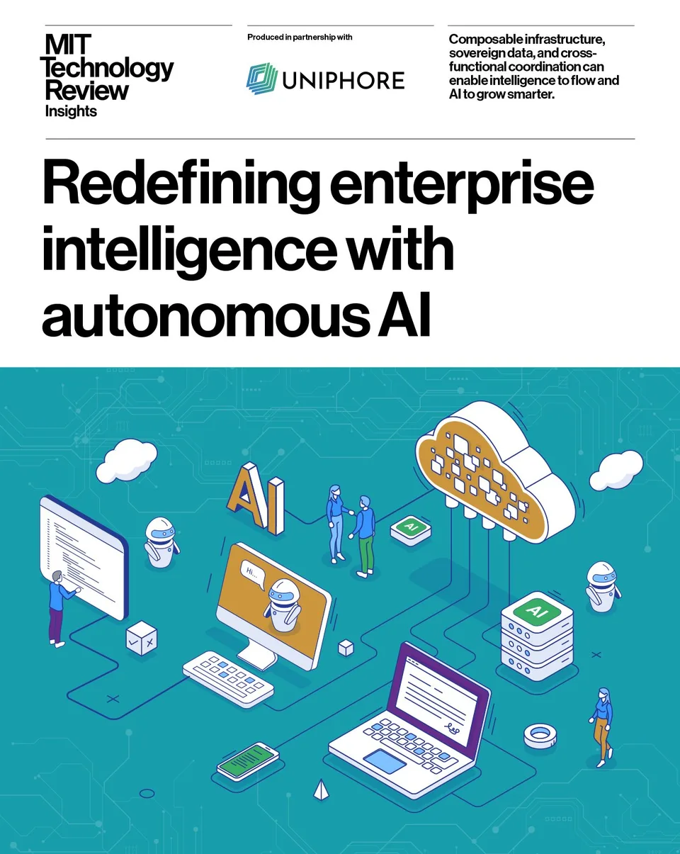MIT Technology Review Insights report cover titled “Redefining enterprise intelligence with autonomous AI,” with a stylized illustration of connected AI and workplace technology.