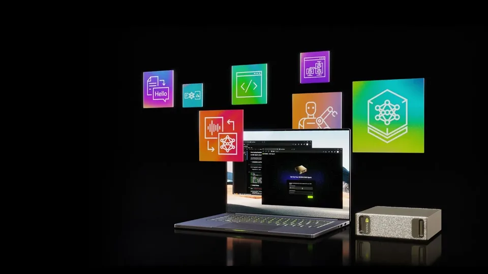 Laptop and compact NVIDIA system shown with colorful software and AI icons on a dark background.