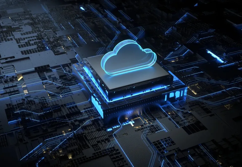 Illustration of a glowing cloud symbol above computer hardware, representing cloud-based AI infrastructure.