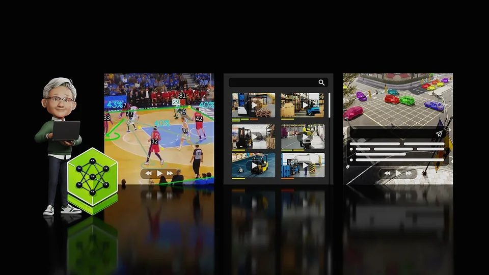 NVIDIA visual AI demonstration showing video analytics screens, sports footage, and a presenter beside a green AI graphic.