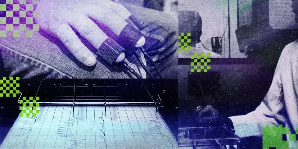 Close-up of a person's hand wearing fingertip sensors beside a polygraph chart.