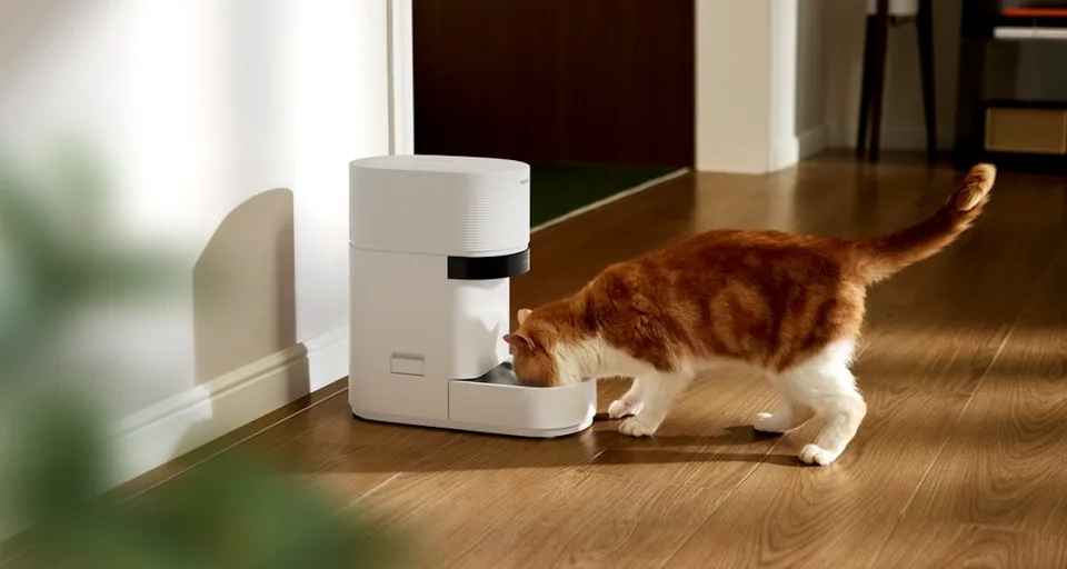 An orange-and-white cat eats from a white automated pet feeder beside a wall.