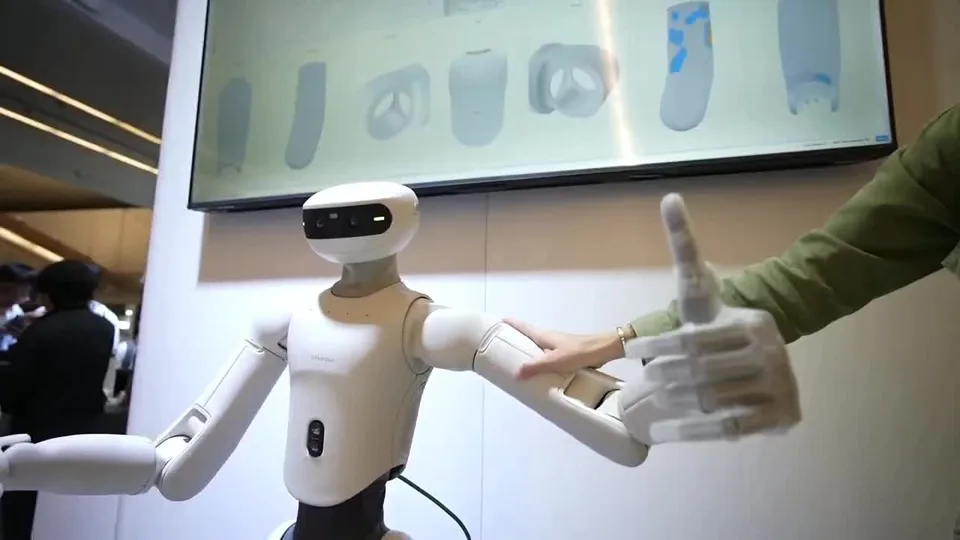 A robotic hand beside a monitor displaying touch-sensing data, with a humanoid robot visible in the background.