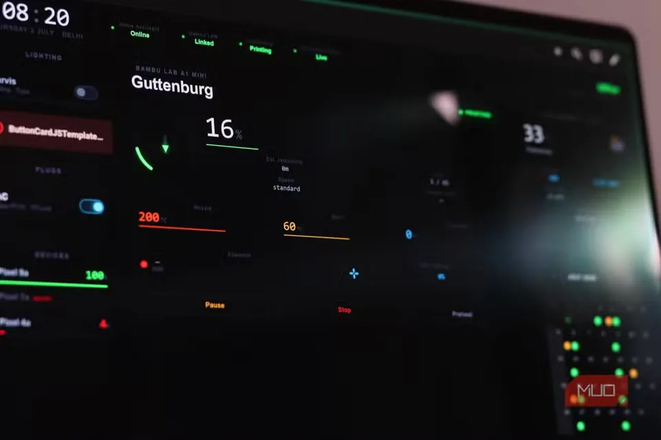 A Home Assistant smart-home dashboard displayed across two monitors, showing room controls and sensor readings.