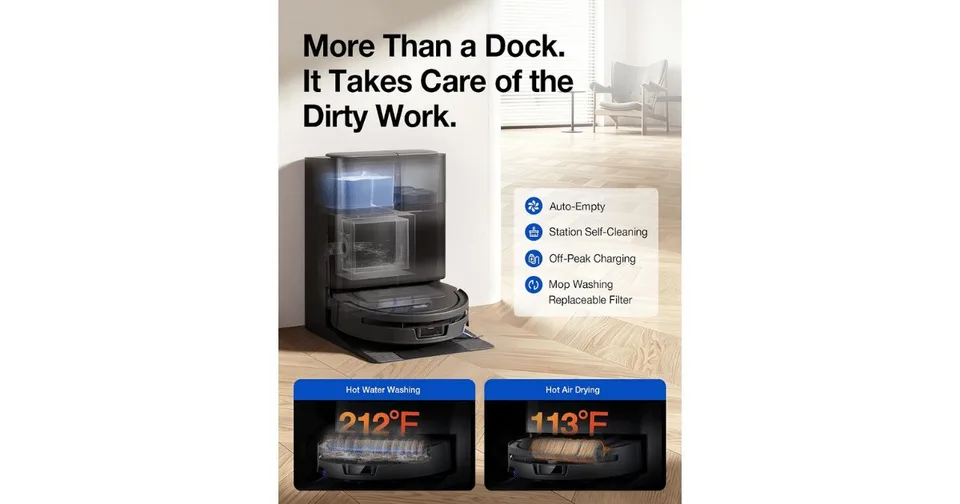 Ecovacs robot vacuum with its tall maintenance dock and roller-cleaning attachment shown against a turquoise graphic background.
