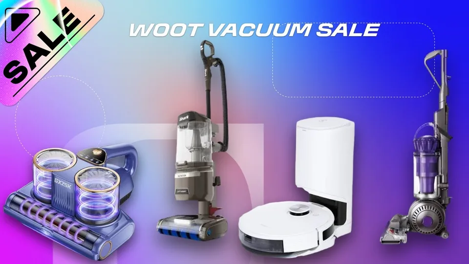 Promotional graphic for a Woot vacuum sale showing a white robot vacuum alongside several upright and cordless vacuums.