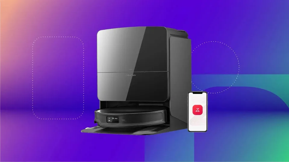 Two robot vacuums shown with their charging docks and smartphone controls against a colorful background.