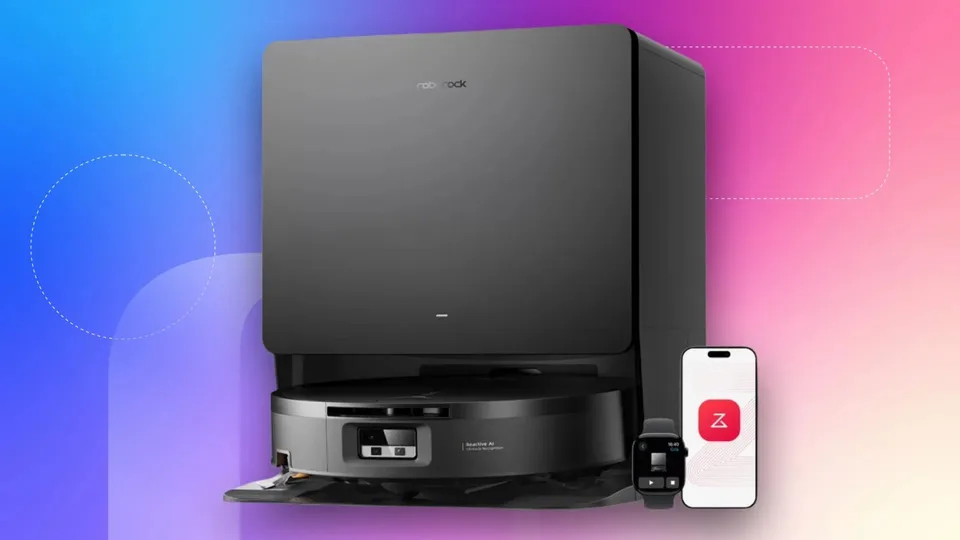 Roborock Saros 20 Flow robot vacuum and mop with its docking station and a smartphone displaying the Roborock app.