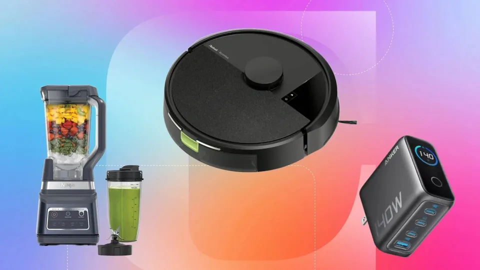 Black Roomba robot vacuum shown in a promotional collage with household appliances and a phone displaying the Roomba app.