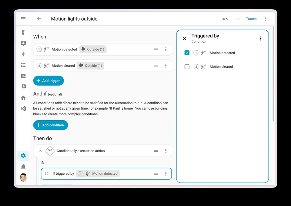 Home Assistant automation editor showing motion-detection triggers and an action for turning on outdoor lights.