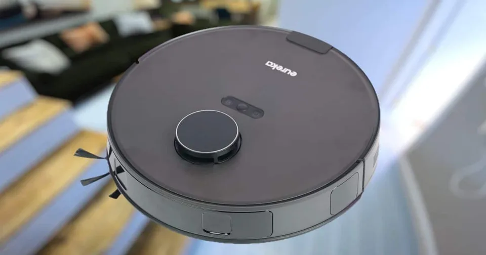 Eureka E20 Evo Plus robot vacuum shown from above alongside close-ups of its underside, brush, and roller.