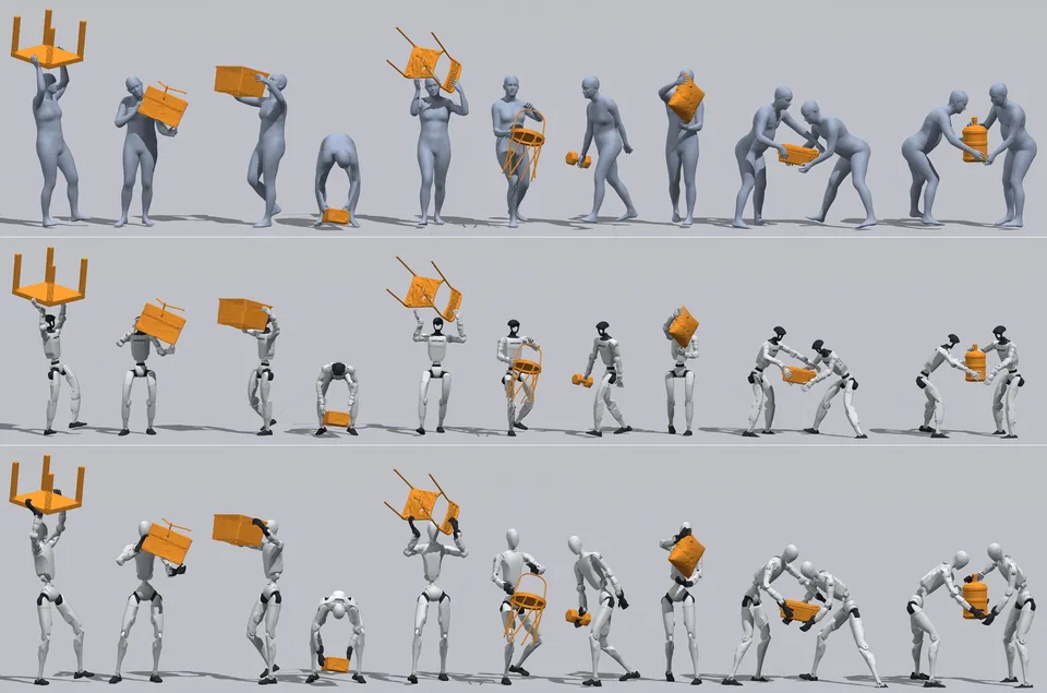 Research figure comparing source human-object interaction demonstrations with OmniRetarget and HOI-Retarget robot motion, including hand and object contacts.