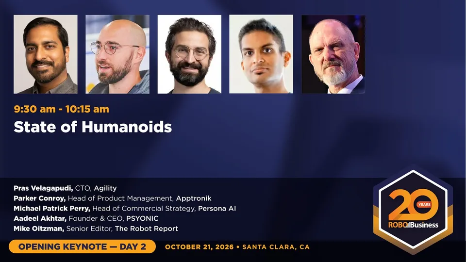 RoboBusiness graphic announcing the “State of Humanoids” keynote, with panelist headshots and event details.