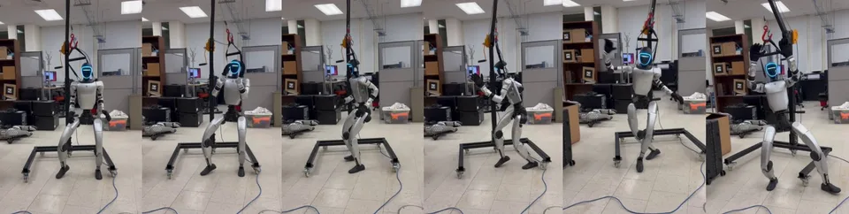 A Unitree G1 humanoid robot is shown in successive positions walking across a laboratory, illustrating motion retargeting from human movement.