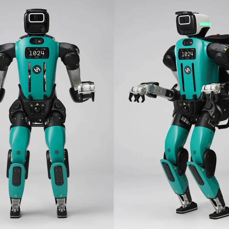 Agility Robotics Digit humanoid robot shown from front and three-quarter rear views against a plain background.