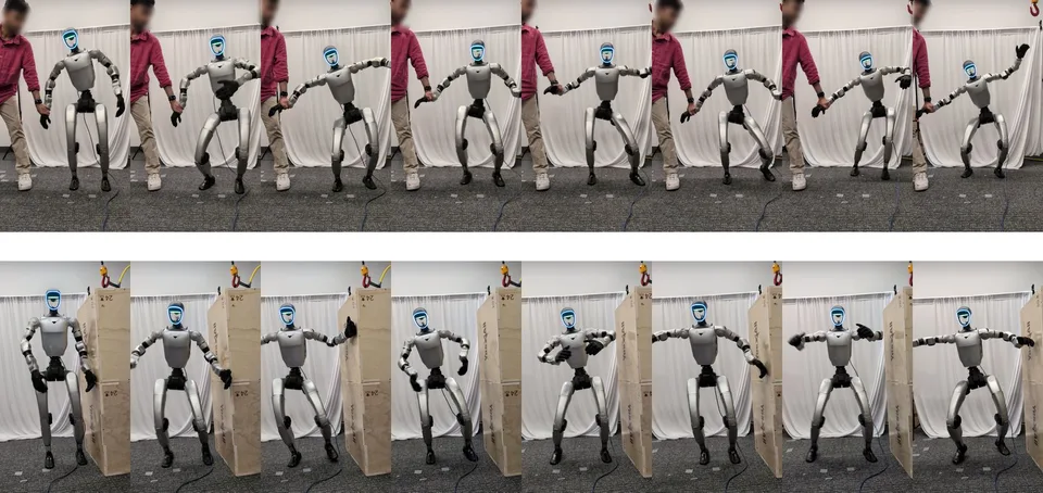 A Unitree G1 humanoid robot shown in a sequence of real-robot demonstrations while being pushed and yielding to contact.