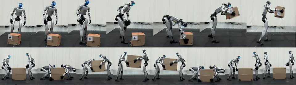 Sequential views of a humanoid robot performing a box-handling motion, including bending, lifting, and placing the box.