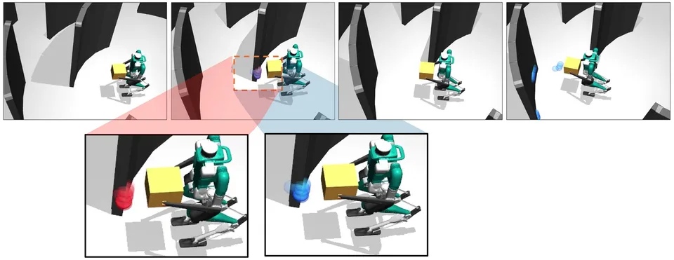 Digit humanoid shown in a sequence of collision-aware whole-body control test images near colored obstacles.