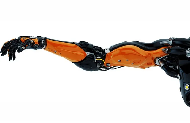 Orange and black robotic arms displayed alongside a Timken Precision Drives product webpage showing various gear and drive components.