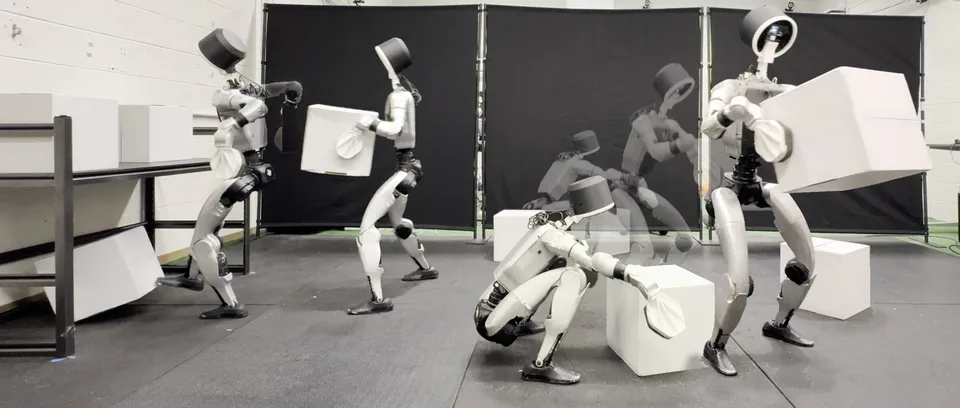 Several humanoid robots demonstrate whole-body movements around white box-shaped objects in a laboratory.