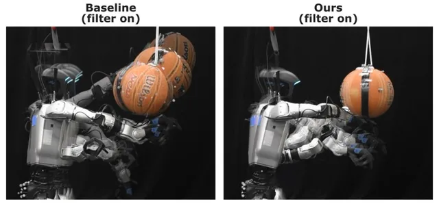 Humanoid robot handling a basketball, shown in baseline and filter-aware method comparisons.