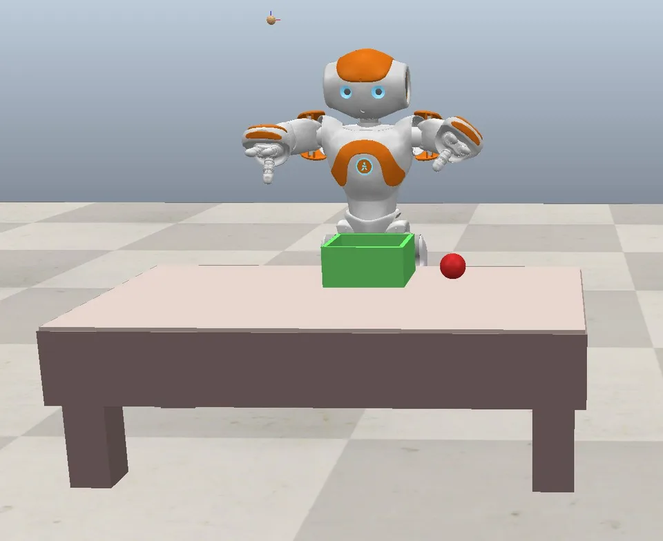 A NAO humanoid robot in a simulated tabletop scene with a green box and red ball.