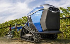 Blue autonomous agricultural robot with four wheels operating outdoors among crop rows.