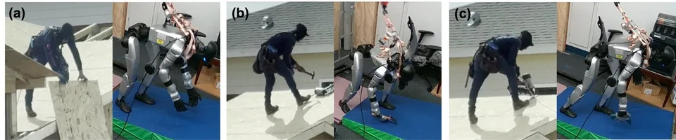 Humanoid robot performing roof-related tasks beside a sloped roof work area, shown with panels outlining the full roofing workflow.