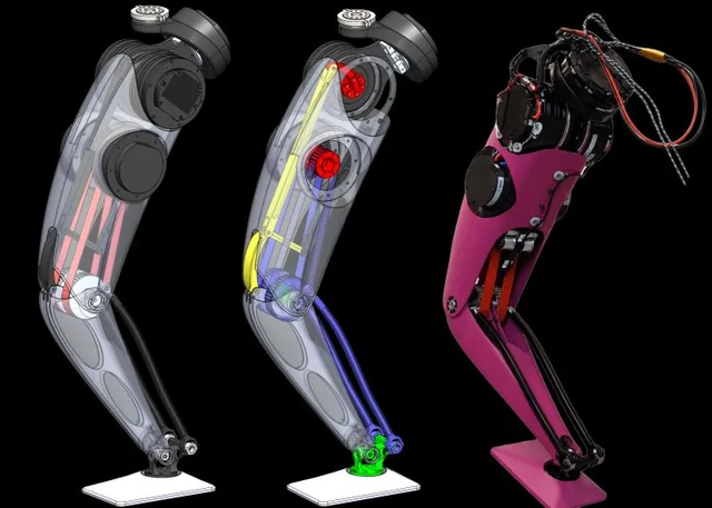 Engineering renderings of a humanoid leg mechanism, including internal linkage components and a pink hardware prototype.