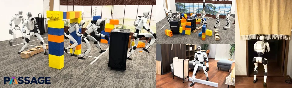 Humanoid robot navigating around colorful obstacles in an indoor cluttered environment, shown in several research-demo views.