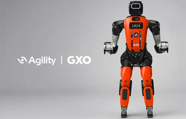 Two orange-and-black Digit humanoid robots shown in a warehouse setting, with Agility and GXO branding.