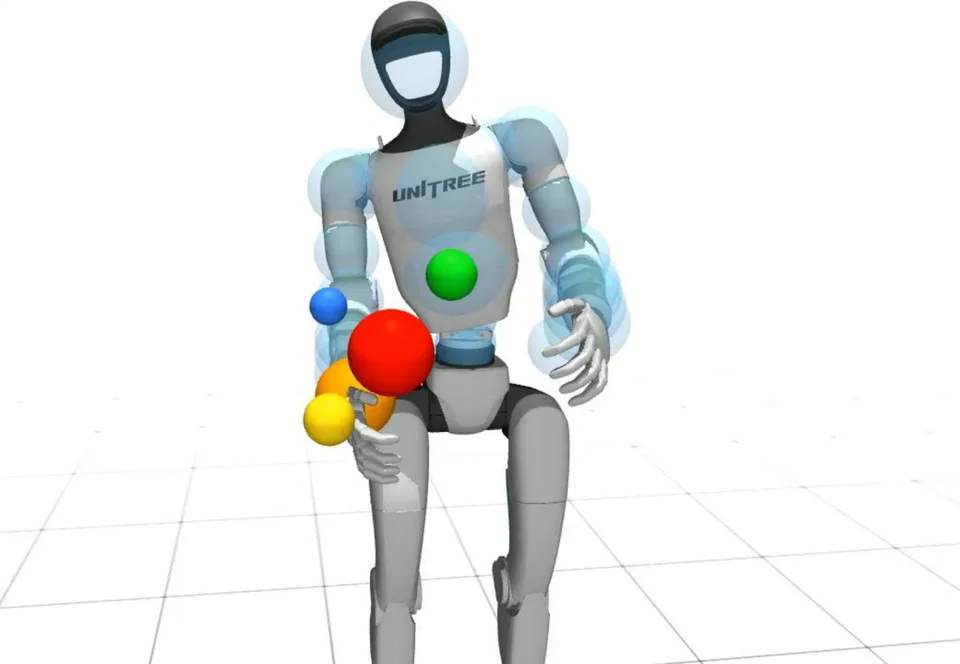 A Unitree G1 humanoid robot holds colored balls during a physical upper-body task against a concrete wall.