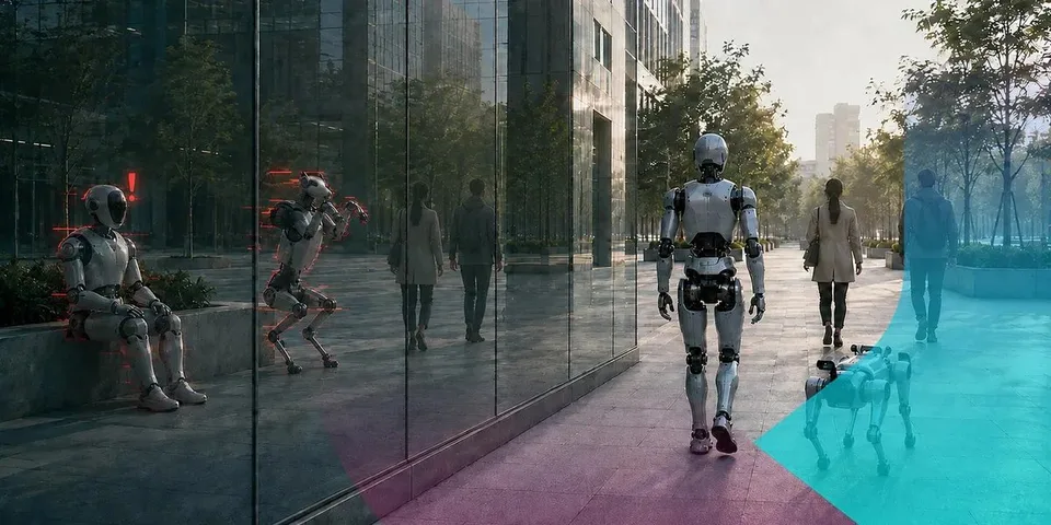 Humanoid robots and pedestrians on a city sidewalk, with colored translucent overlays across the scene.