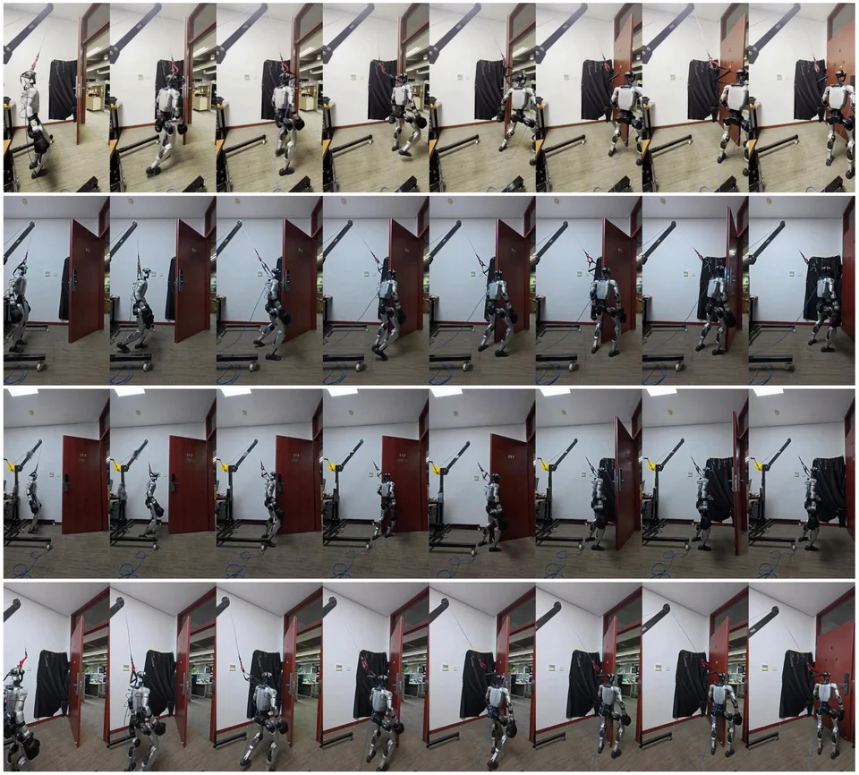 A humanoid robot progresses through several stages of opening a door in a sequence of indoor photographs.