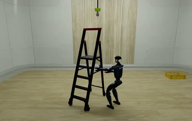 A simulated humanoid robot stands beside a step ladder in an indoor test room, reaching toward it.
