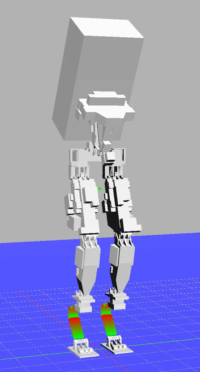 Simulation rendering of a humanoid robot with colored flexible lower-leg segments standing on a blue ground plane.