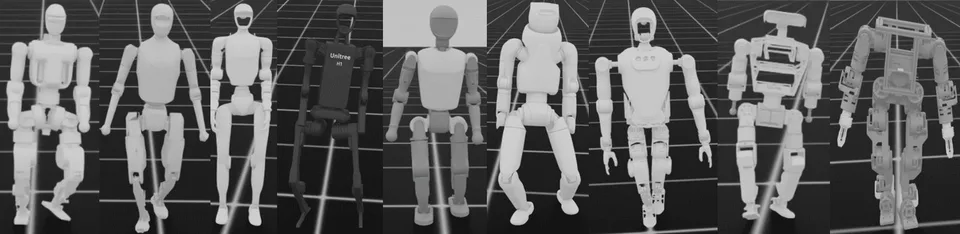 Composite image showing several simulated humanoid robot models alongside a reward-training plot.