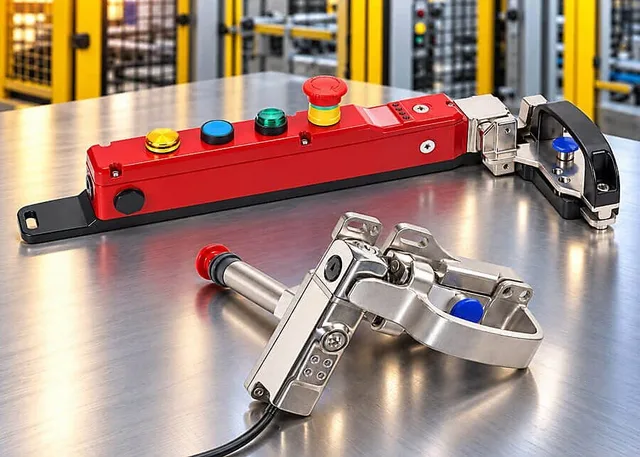 Red gate-control box and stainless-steel safety switches on a workbench in front of machine guarding.