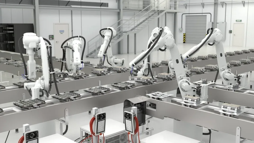 White industrial robotic arms arranged in a compact factory production cell.