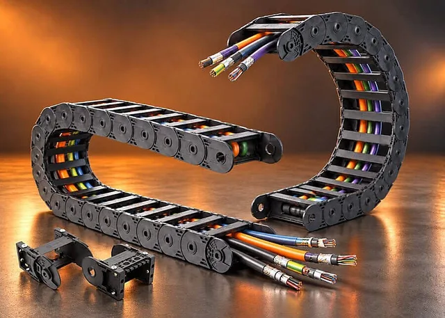 Black plastic drag chains guiding and protecting bundled electrical cables, shown in curved and straight sections.