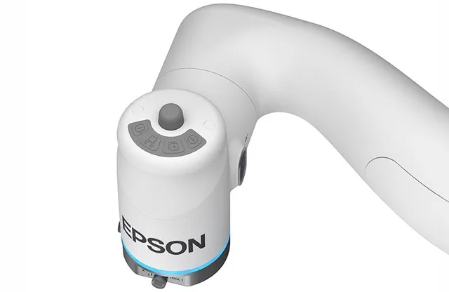 White Epson six-axis robotic arm shown against a plain background.