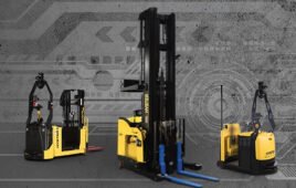 A composite image showing yellow warehouse vehicles beside surgeons operating with robotic equipment.