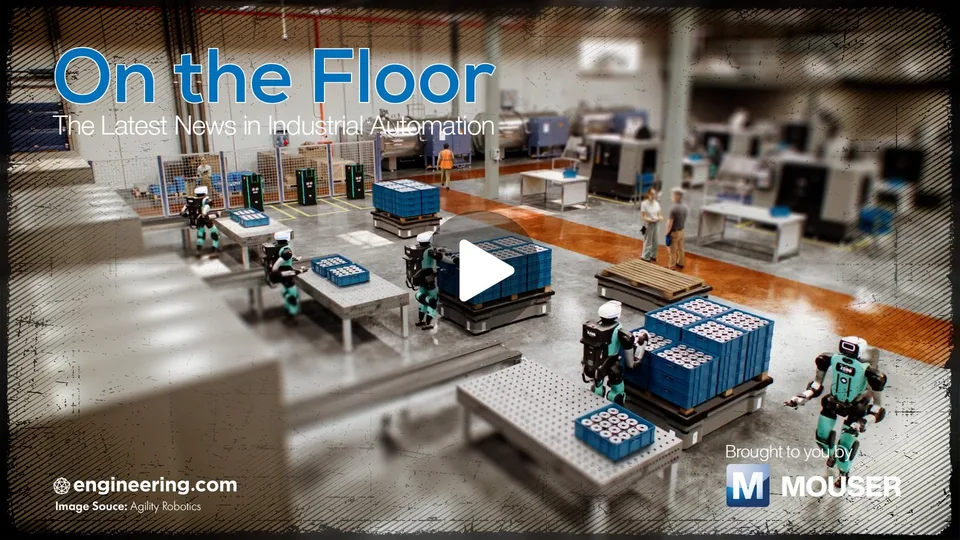 Promotional graphic showing humanoid robots working in an industrial factory setting.